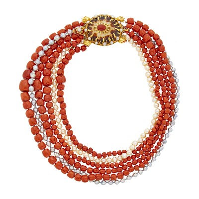 Lot 1119 - Tony Duquette Six Strand Coral Bead and Baroque Bicolor Cultured Pearl Necklace with Shell, Coral and Split Pear Turtle Brooch/Clasp