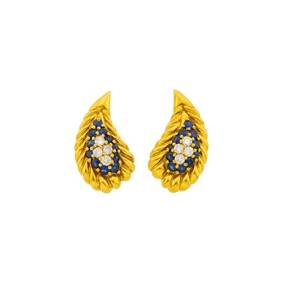 Lot 1112 - Tiffany & Co. Pair of Gold, Diamond and Sapphire Earclips