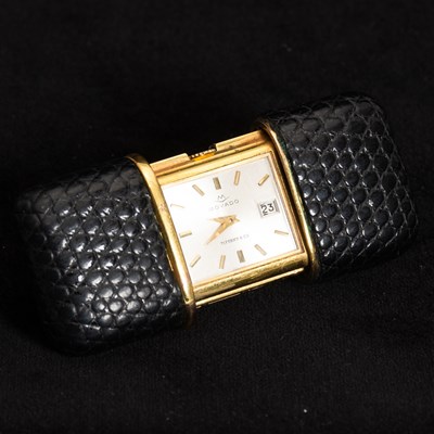 Lot 295 - Movado Gilt-Metal and Leather 'Ermeto' Travel Clock, Retailed by Tiffany & Co.