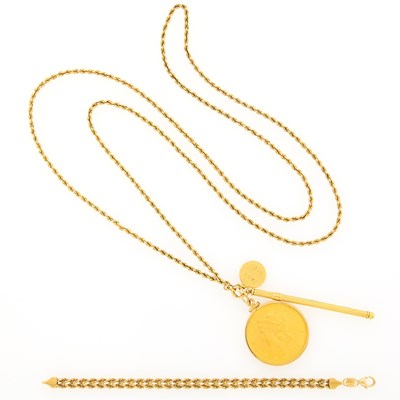 Lot 2167 - Long Gold Chain with Cartier Gold Swizzle Stick, Gold Coin Pendant and Gold Charm and Gold Bracelet