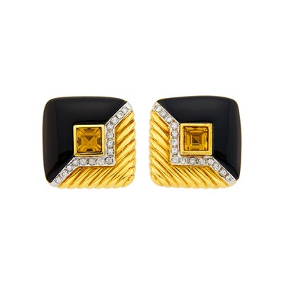 Lot 1147 - Pair of Gold, Citrine, Black Onyx and Diamond Earrings