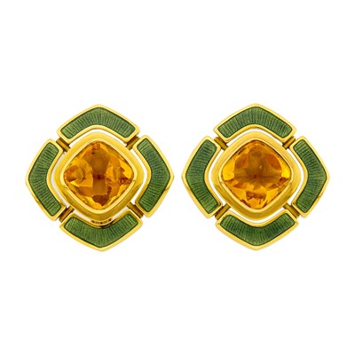 Lot 1153 - De Vroomen Pair of Gold, Cabochon Citrine and Green Enamel Earrings