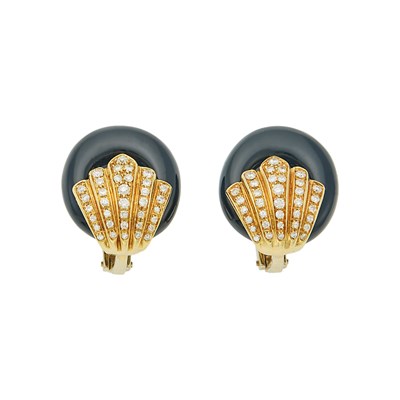 Lot 2060 - Pair of Gold, Black Onyx and Diamond Earrings