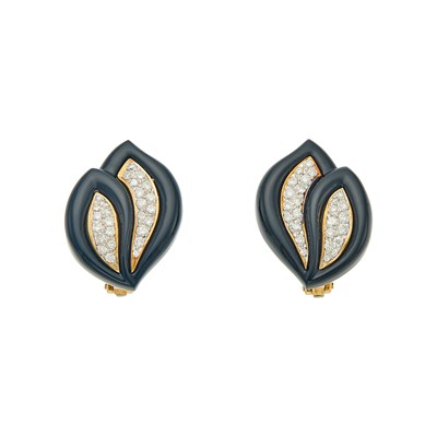 Lot 2058 - Pair of Gold, Black Onyx and Diamond Earclips