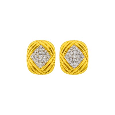 Lot 1091 - Pair of Two-Color Gold and Diamond Earrings