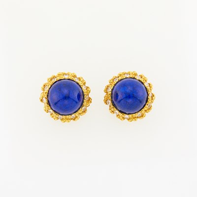 Lot 2022 - Pair of Gold, Lapis and Diamond Earrings