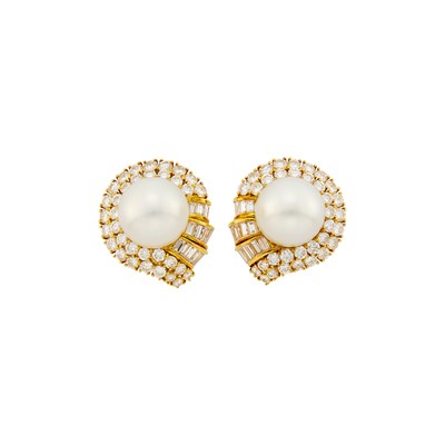 Lot 1117 - Pair of Gold, Cultured Pearl and Diamond Earclips