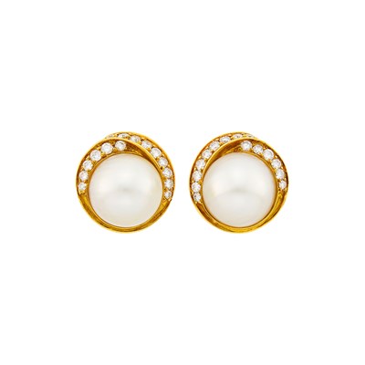 Lot 1130 - Pair of Gold, Mabé Pearl and Diamond Earclips