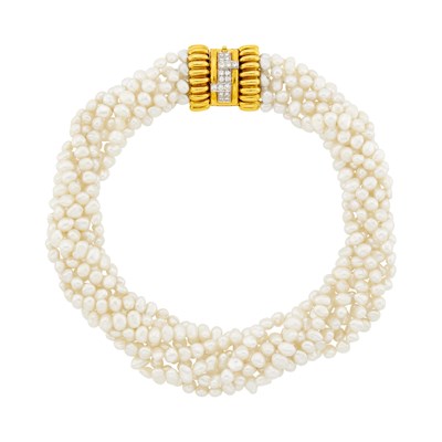 Lot 1104 - Seven Strand Freshwater Pearl Torsade Necklace with Gold and Diamond Clasp