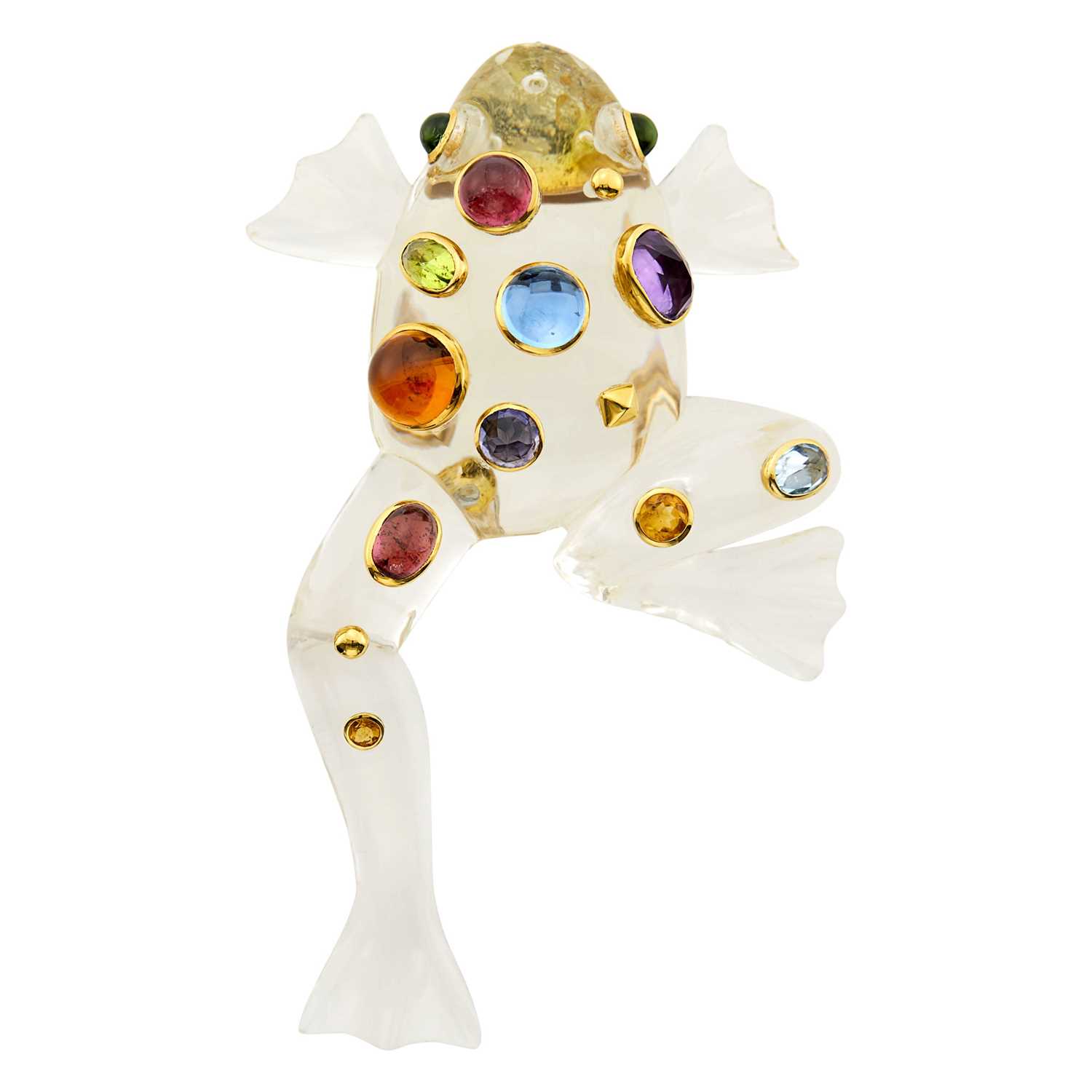 Lot 68 - Seaman Schepps Carved Rock Crystal, Gold and Colored Stone Frog Clip-Brooch