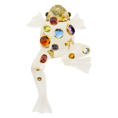 Lot 68 - Seaman Schepps Carved Rock Crystal, Gold and Colored Stone Frog Clip-Brooch