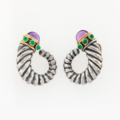 Lot 2264 - David Yurman Pair of Silver, Gold, Cabochon Amethyst and Green Onyx Earrings