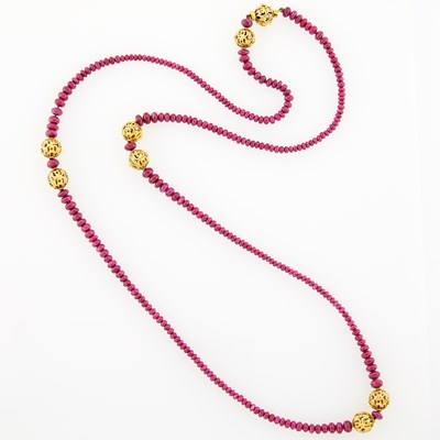 Lot 2122 - Long Ruby and Gold and Diamond Bead Necklace