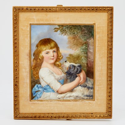 Lot 746 - Royal Worcester Hand-Painted Porcelain Plaque of a Young Girl Holding a Spaniel