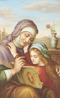 Lot 582 - German Polychrome Painted Porcelain Plaque of St. Anne Instructing the Young Virgin Mary