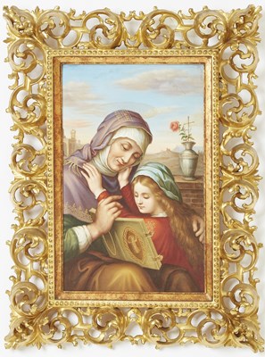 Lot 582 - German Polychrome Painted Porcelain Plaque of St. Anne Instructing the Young Virgin Mary