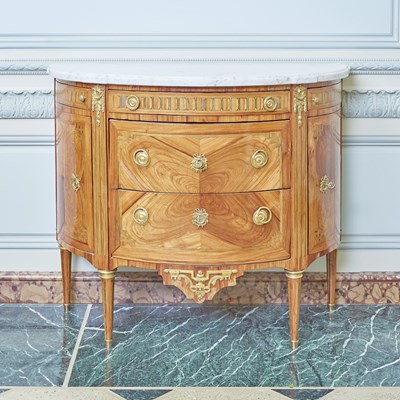 Lot 2 - Louis XVI Marble Top Inlaid Mixed Woods Demilune Commode