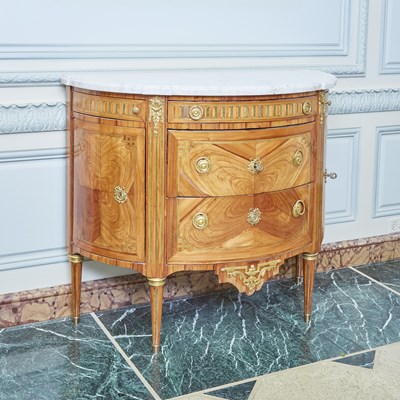 Lot 2 - Louis XVI Marble Top Inlaid Mixed Woods Demilune Commode