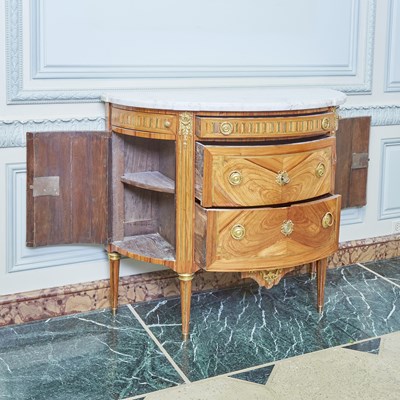 Lot 2 - Louis XVI Marble Top Inlaid Mixed Woods Demilune Commode