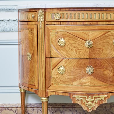 Lot 2 - Louis XVI Marble Top Inlaid Mixed Woods Demilune Commode