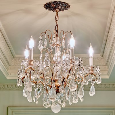 Lot 10 - Louis XV Style Patinated Metal, Glass and Rock Crystal Five-Light Chandelier