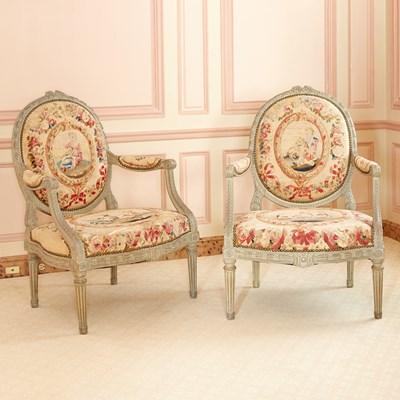 Lot 11 - Pair of Louis XVI Style Tapestry Upholstered Painted Wood Fauteuils à la Reine