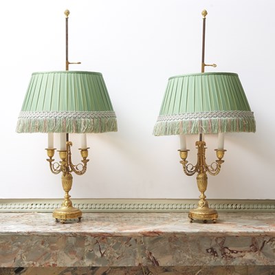 Lot 41 - Pair of Louis XVI Style Gilt Bronze Three-Light Lamps with Silk Shades