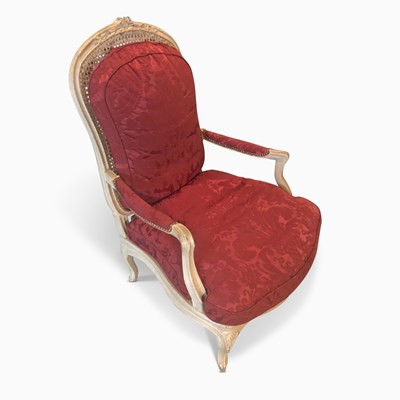 Lot 38 - Louis XV Painted and Caned Fauteuil à la Reine with Silk Damask Cushions