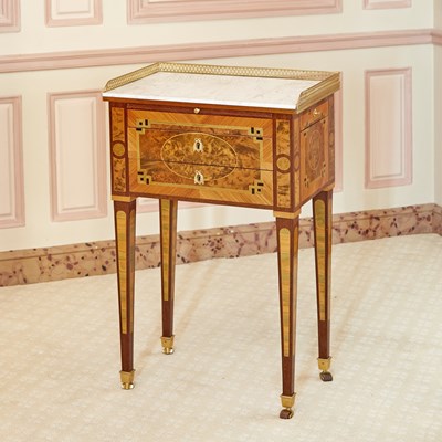 Lot 184 - Louis XVI Marble Top Inlaid Mixed Woods Side Table