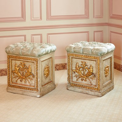 Lot 208 - Pair of Continental Empire Style Painted and Parcel Gilt Wood Tufted Upholstered Seats