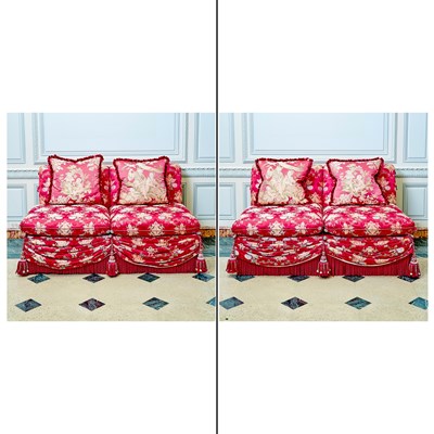 Lot 68 - Pair of Raspberry Silk Brocade Upholstered Loose Cushion Settees