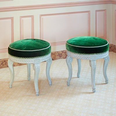 Lot 52 - Pair of Louis XVI Velvet Upholstered Painted Wood Tabourets