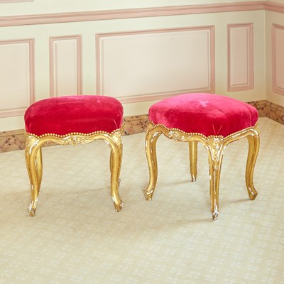 Lot 83 - Pair of Louis XV Giltwood Small Upholstered Tabourets