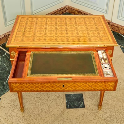 Lot 142 - Louis XVI Gilt Bronze Mounted Tulipwood Parquetry Table à Écrire