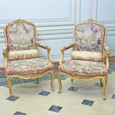 Lot 93 - Pair of Louis XV Style Giltwood Tapestry Upholstered Fauteiuls à la Reine