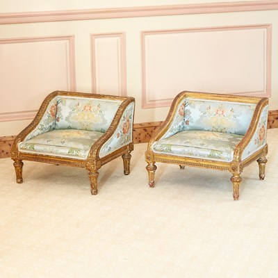 Lot 75 - Matched Pair of Louis XVI Style Upholstered Giltwood Lits de Chien