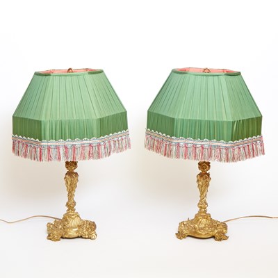 Lot 6 - Pair of Louis XV Style Gilt Bronze Shell-Work Molded Candlestick Lamps