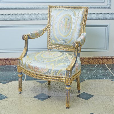 Lot 175 - Louis XVI Brocade Upholstered Painted and Giltwood Fauteuil en Cabriolet