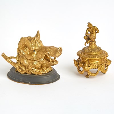 Lot 189 - Louis XVI Style Gilt Bronze Covered Ink Pot with Satyr Finial