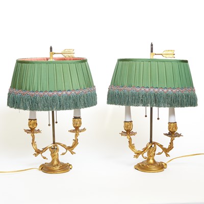 Lot 62 - Pair of Louis XV Style Two-Light Candelabra Lamps with Fringed Shades