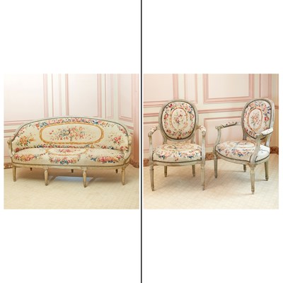 Lot 290 - Pair of Louis XVI Tapestry Upholstered Painted Wood Fauteuils en Cabriolet