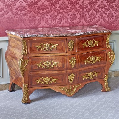 Lot 366 - Louis XV Gilt Bronze Mounted Marble Top Walnut Bombé Commode