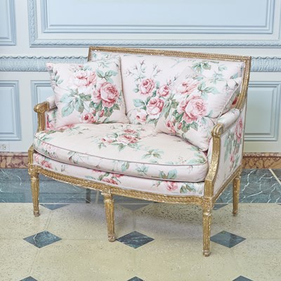 Lot 371 - Louis XVI Floral Chintz Upholstered Giltwood Settee