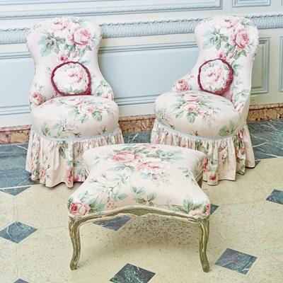 Lot 382 - Pair of Louis XV Style Button-Back Floral Upholstered Side Chairs