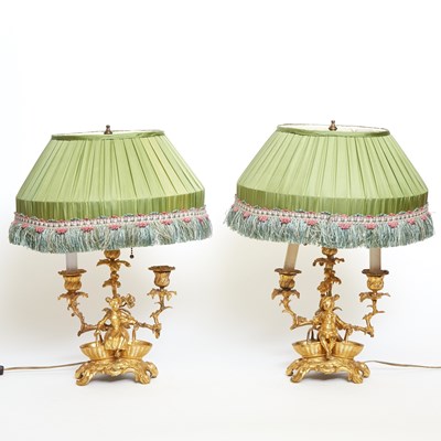 Lot 28 - Pair of Louis XV Style Gilt Bronze Three-Light Candelabra Lamps with Figure on Base