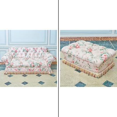 Lot 380 - Tufted Floral Upholstered Settee and Ottoman