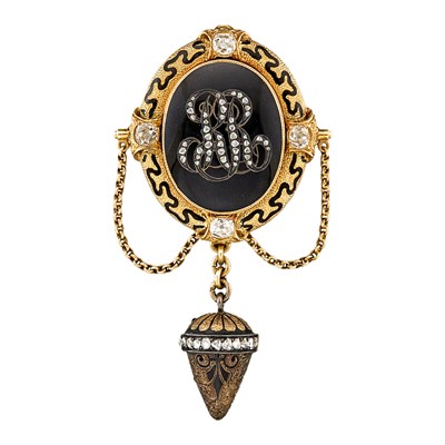 Lot 2177 - Antique Gold, Silver, Black Enamel and Diamond Mourning Brooch