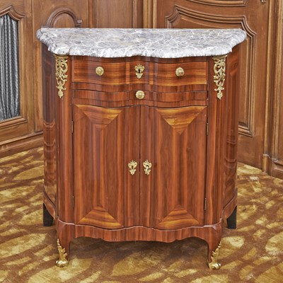 Lot 253 - Louis XV / XVI Marble Top Mahogany and Satinwood Cabinet