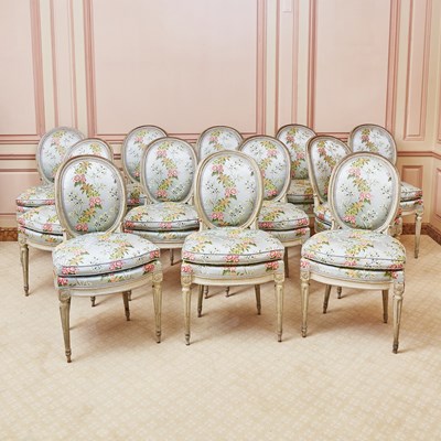 Lot 152 - Set of Twelve Louis XVI Brocade Upholstered Painted Wood Dining Chairs