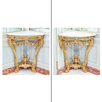 Lot 151 - Pair of Louis XVI Marble Top Giltwood Wall Mounted Corner Consoles